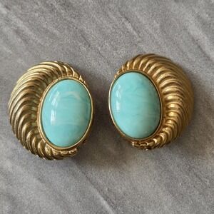 Vintage 1980s Statement Clip-on Earrings Gold Tone And Faux Turquoise Swirl